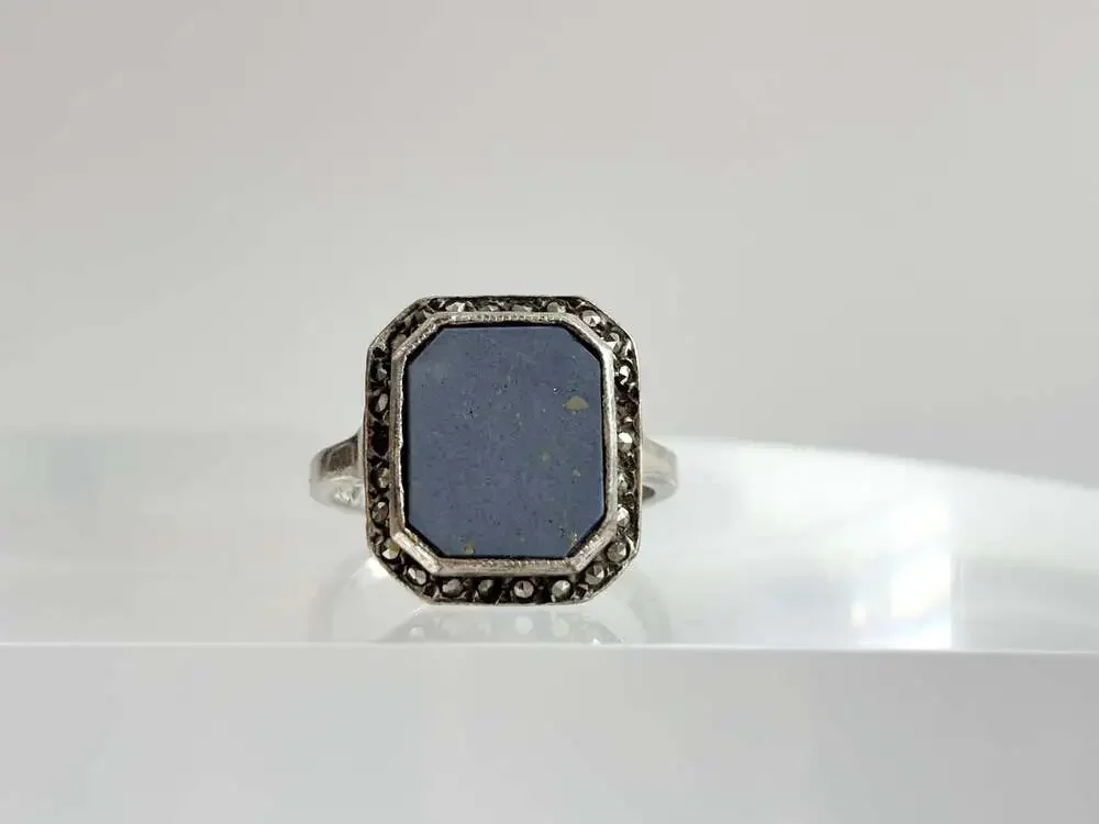 Lapis Lazuli Blue Octagon Shaped Marcasite Framed Gemstone Bezel Set Sterling Si